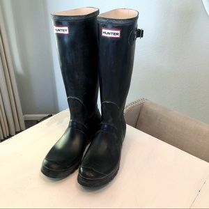 Hunter Black Tall Rubber Rain Boots with Side Buckle Accent